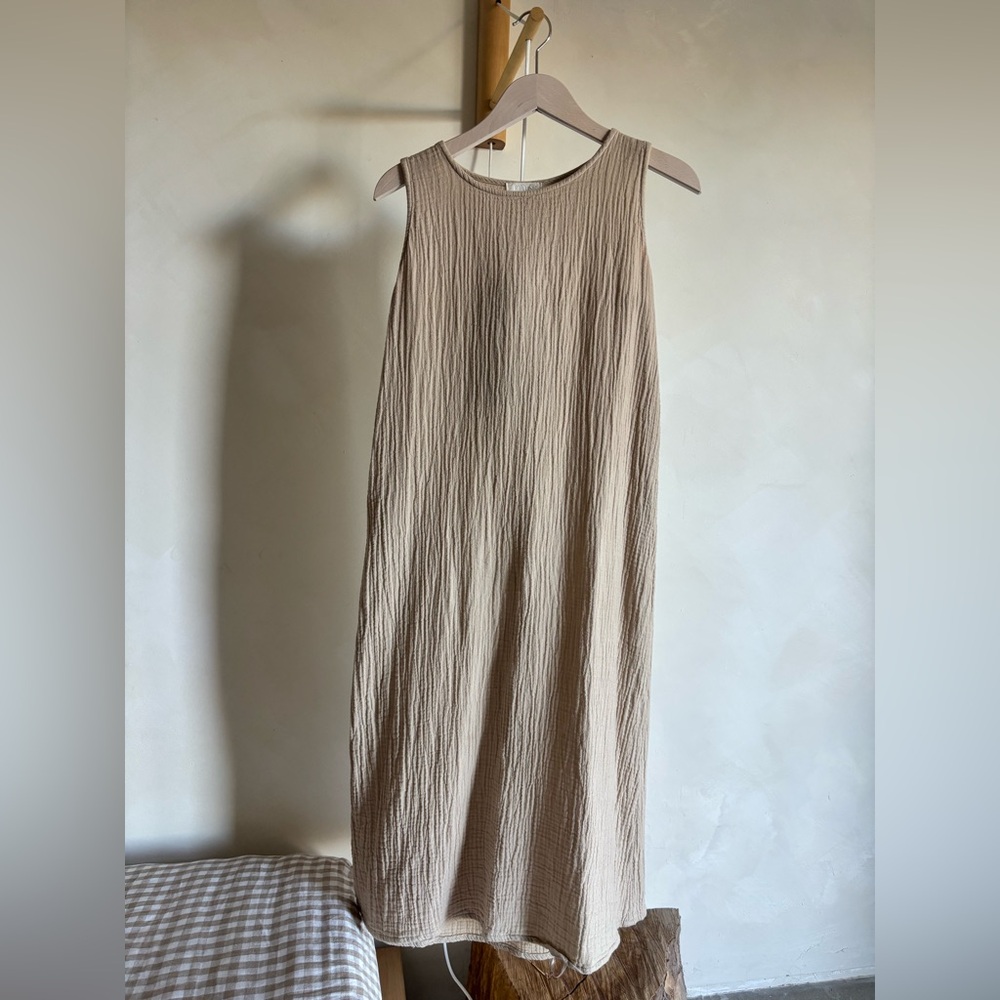 Honest Cotton Bell Sleeveless Midi Ecru Crinkle Cotton Dress S/M